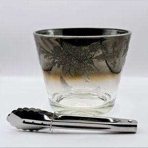 Mid-Century Silver Ombre Glass Ice Bucket w/ Floral Etching & Tongs 1960s
